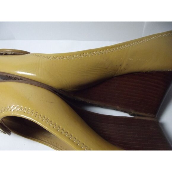 Tory Burch Sally Wedge Pumps Womens 8M Patent Leather Peeptoe Shoes Yellow Logo - Picture 6 of 16